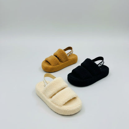 Women’s Fuzzy Double‑Strap Platform Sandals with Heel Strap — Product image: