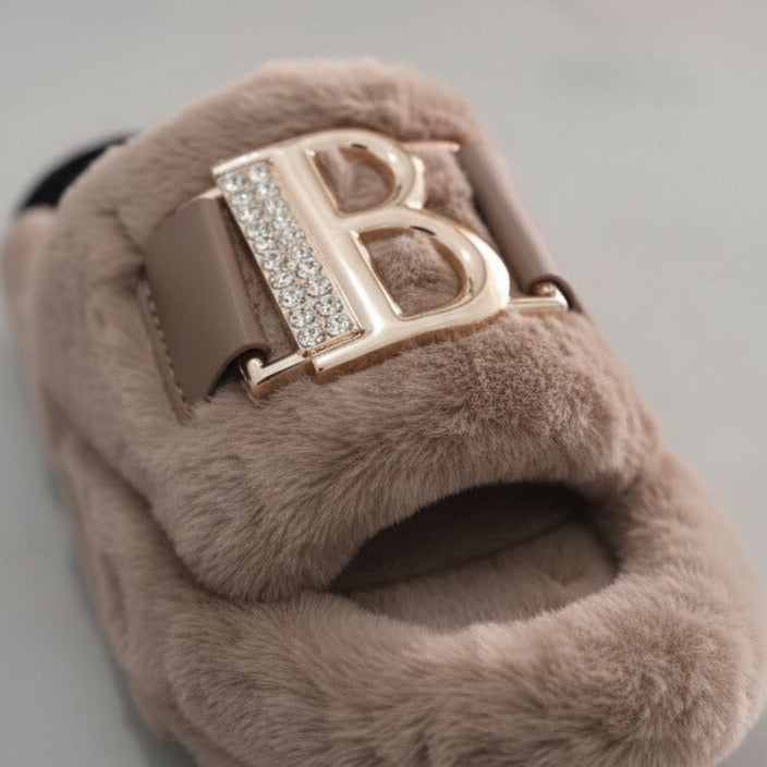 Women’s plush faux‑fur mule slippers with rhinestone buckle — Product image: 