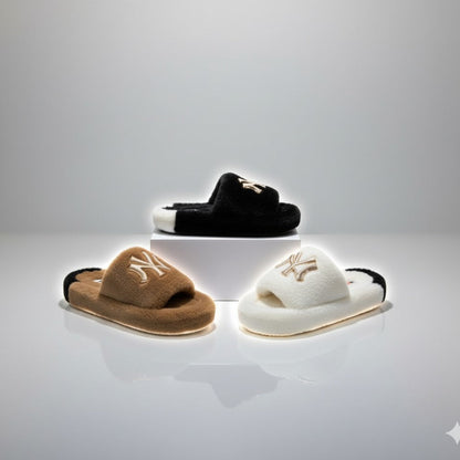 Women’s Fuzzy Open-Toe Slide Slippers with Monogram Detail — Product image: