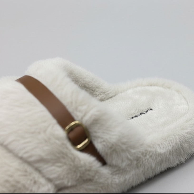 Women’s Fuzzy Cross-Band Slide Slippers with Buckle — Product image: 