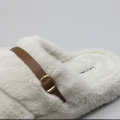 Women’s Fuzzy Cross-Band Slide Slippers with Buckle — Product image: 