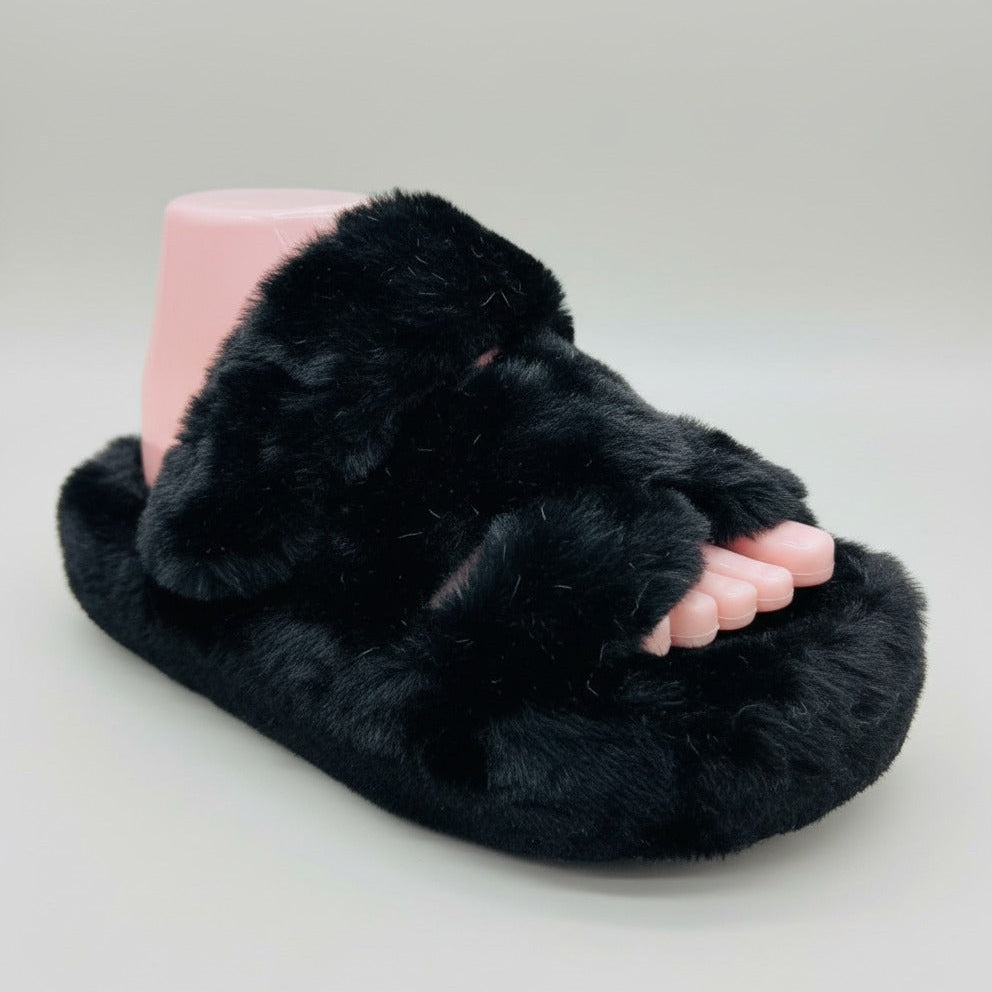 Women’s Faux-Fur Cross-Band Open-Toe Slippers — Product image: