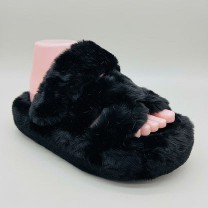 Women’s Faux-Fur Cross-Band Open-Toe Slippers — Product image: