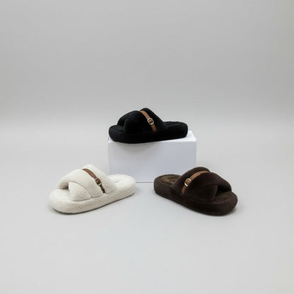 Women’s Fuzzy Cross-Band Slide Slippers with Buckle — Product image: 