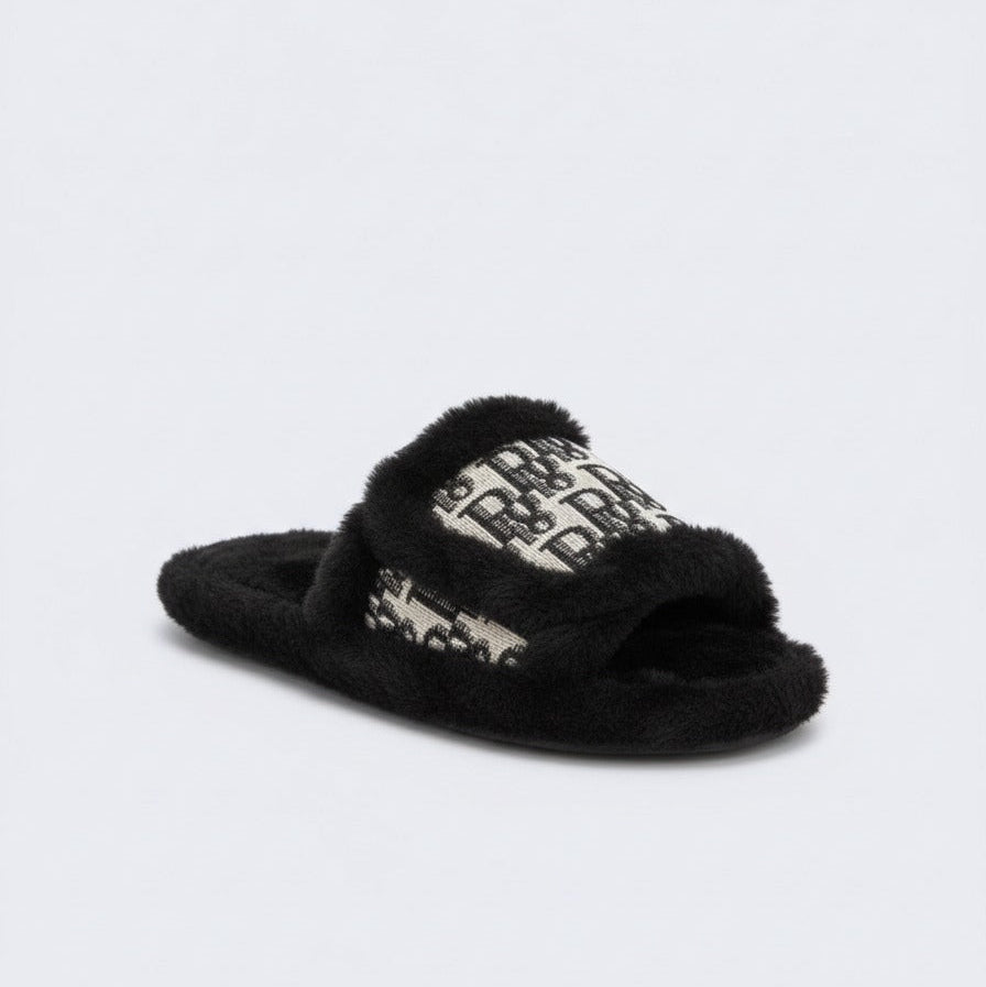 Women’s Plush Open-Toe Slide Slippers with Patterned Strap — Product image: