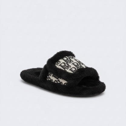Women’s Plush Open-Toe Slide Slippers with Patterned Strap — Product image: