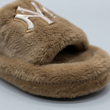 Women’s Fuzzy Open-Toe Slide Slippers with Monogram Detail — Product image: