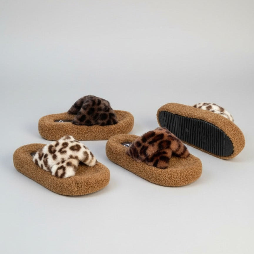 Women’s Fuzzy Animal-Print Slide Slippers — Product image: 