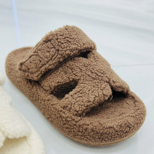 Women’s Fuzzy Two‑Strap Open-Toe Slide Slippers — Product image: 