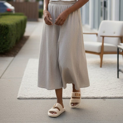 Women’s fuzzy double-strap buckle slide sandals — Product image: