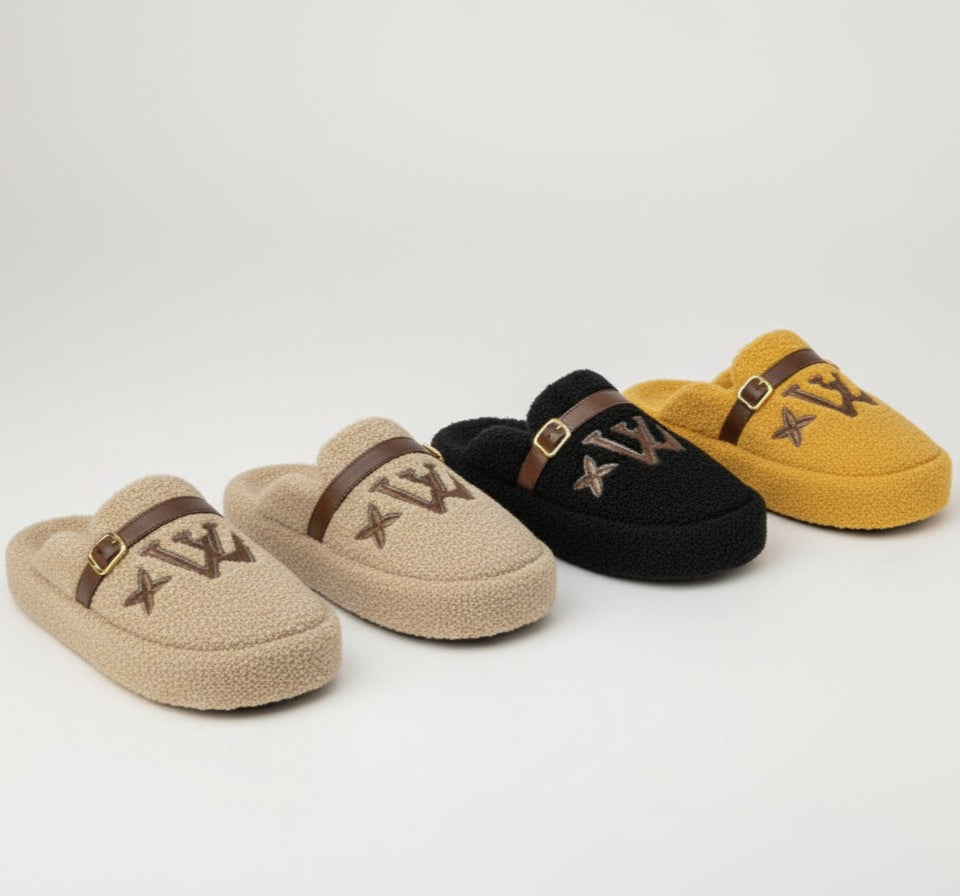 Women’s teddy-fleece buckle clog slippers — Product image: