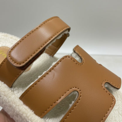 Women’s faux-leather two-strap sherpa slides — Product image: