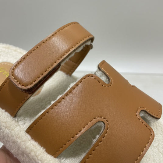 Women’s faux-leather two-strap sherpa slides — Product image: 