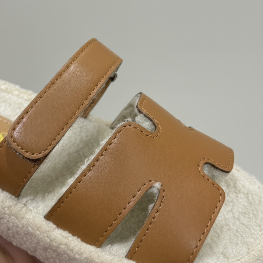 Women’s faux-leather two-strap sherpa slides — Product image: