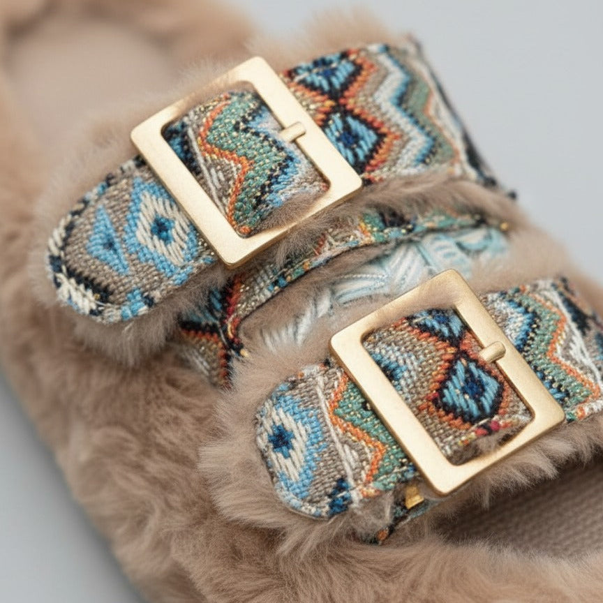 Women’s faux‑fur double‑buckle slide slippers — Product image: