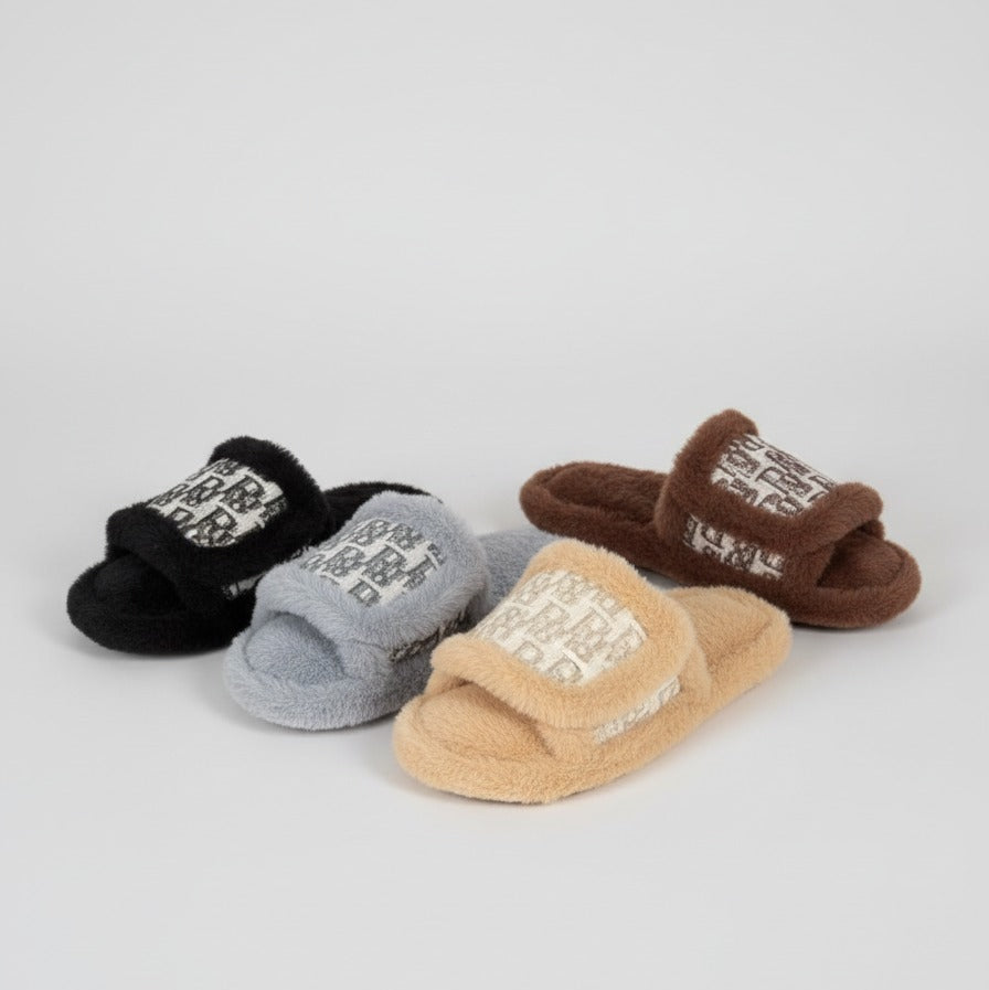 Women’s Plush Open-Toe Slide Slippers with Patterned Strap — Product image: