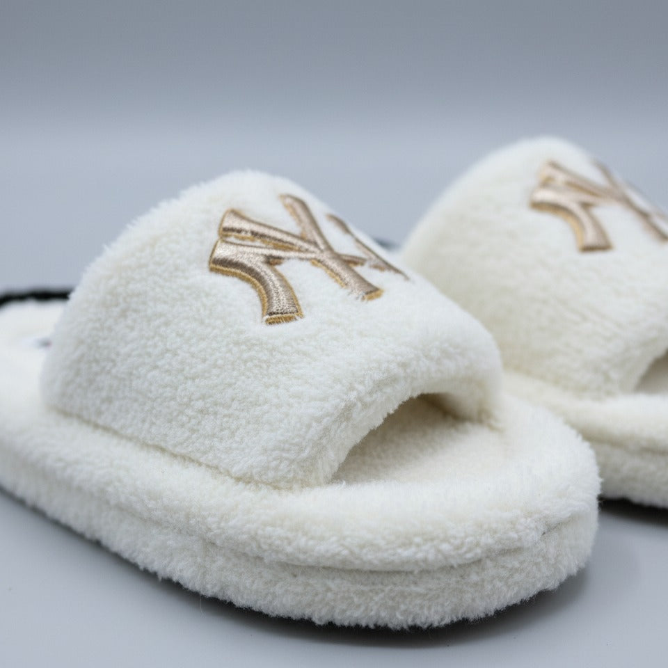 Women’s Fuzzy Open-Toe Slide Slippers with Monogram Detail — Product image: