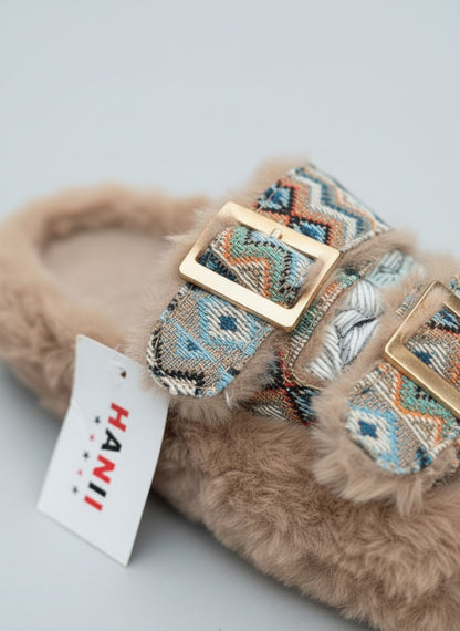 Women’s faux‑fur double‑buckle slide slippers — Product image: