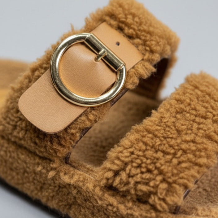 Women’s fuzzy double-strap buckle slide sandals — Product image: