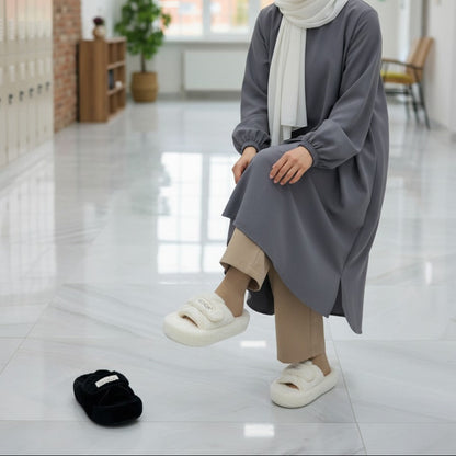 Women’s Fuzzy Closed-Toe Slippers with Adjustable Strap — Product image: