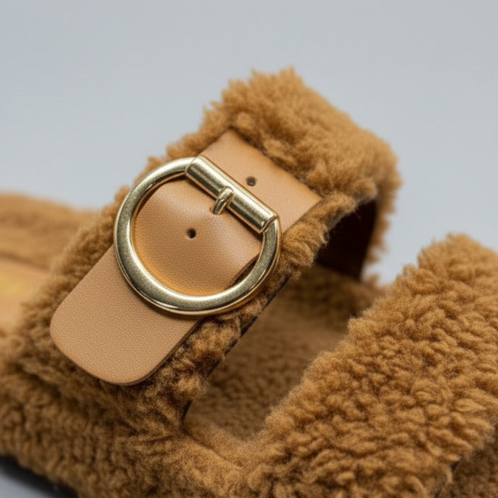 Women’s fuzzy double-strap buckle slide sandals — Product image: