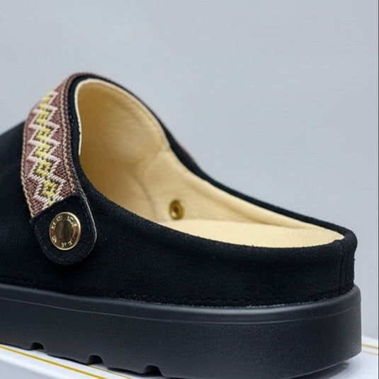 Women’s suede-look platform clogs with woven strap — Product image: 