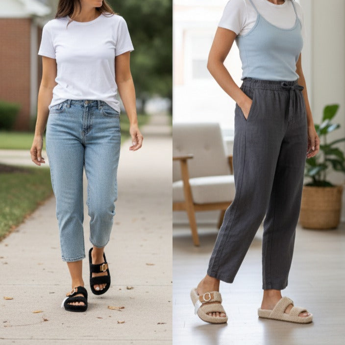 Women’s fuzzy double-strap buckle slide sandals — Product image: