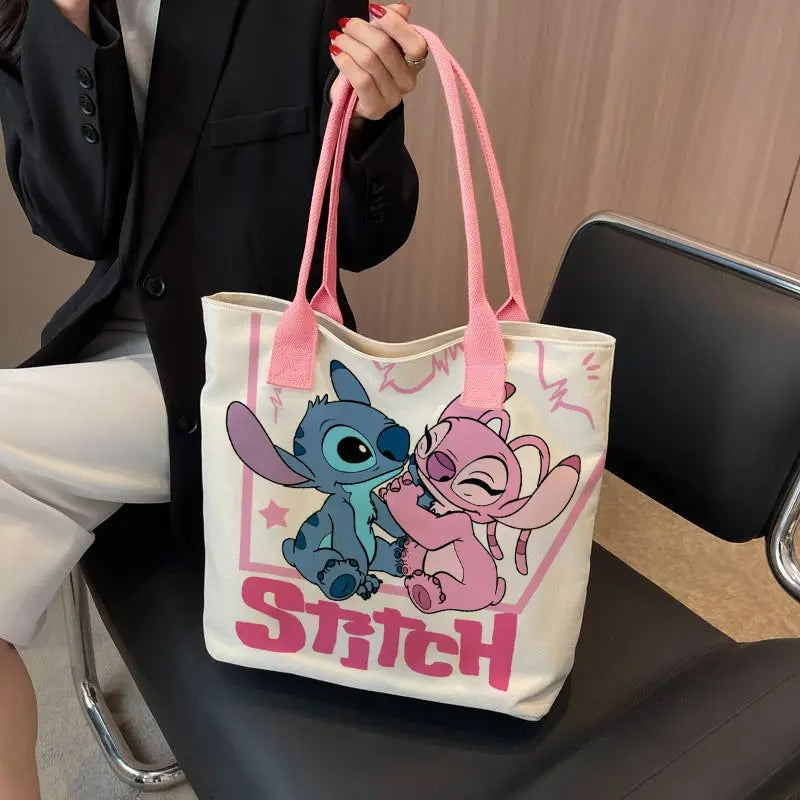 Stitch & Angel Oversized Canvas Tote – Adorable Disney Print, Secure Zipper, Hand-Washable, Perfect for Work, Travel & Everyday Joy