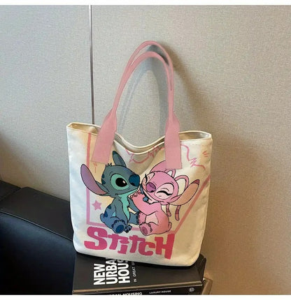 Stitch & Angel Oversized Canvas Tote – Adorable Disney Print, Secure Zipper, Hand-Washable, Perfect for Work, Travel & Everyday Joy