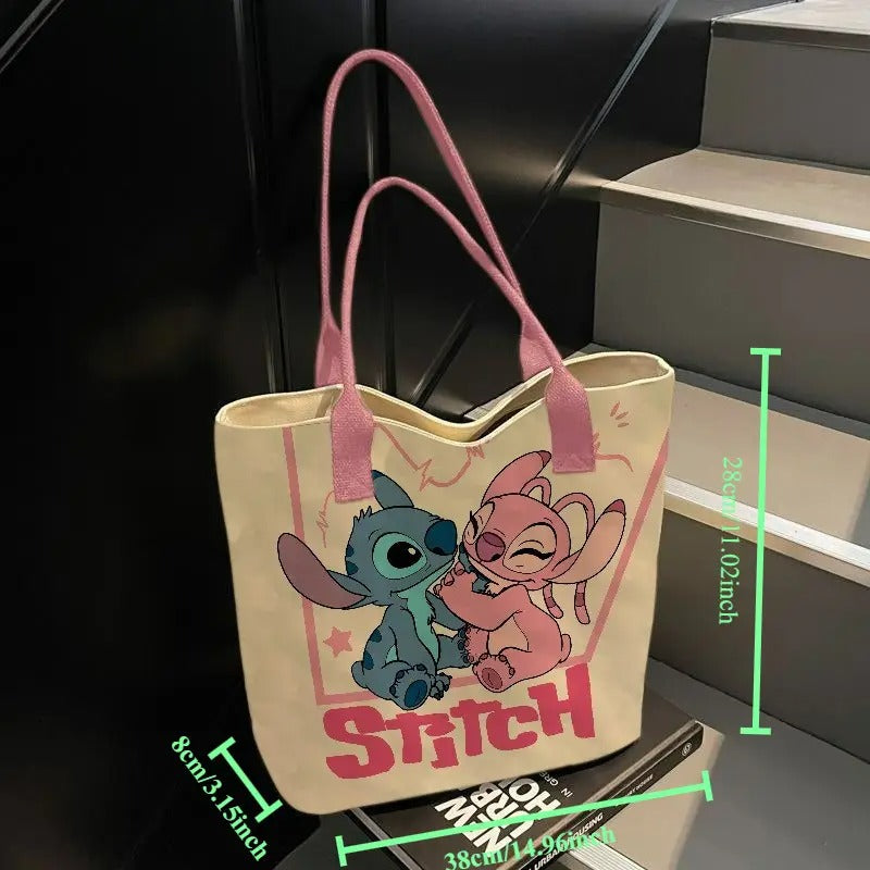Stitch & Angel Oversized Canvas Tote – Adorable Disney Print, Secure Zipper, Hand-Washable, Perfect for Work, Travel & Everyday Joy
