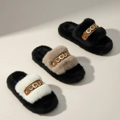 أحذية منزلية نسائية من الفرو الناعم - تدفق هواء دافئ، حزام مبطن