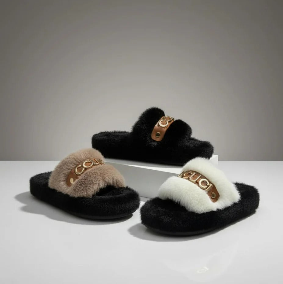 أحذية منزلية نسائية من الفرو الناعم - تدفق هواء دافئ، حزام مبطن