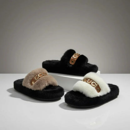 أحذية منزلية نسائية من الفرو الناعم - تدفق هواء دافئ، حزام مبطن