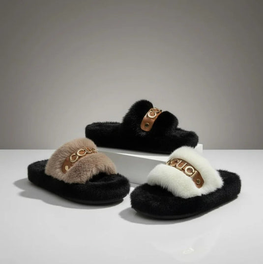 Women’s Furry Slide Slippers—Warm Airflow, Padded Strap