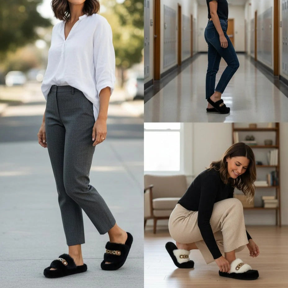 أحذية منزلية نسائية من الفرو الناعم - تدفق هواء دافئ، حزام مبطن