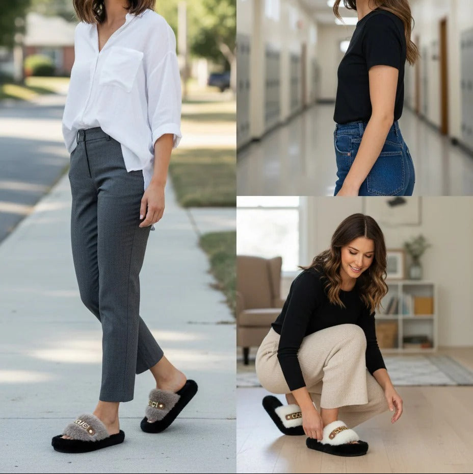 أحذية منزلية نسائية من الفرو الناعم - تدفق هواء دافئ، حزام مبطن