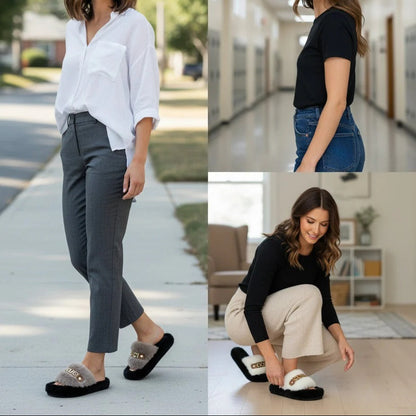 أحذية منزلية نسائية من الفرو الناعم - تدفق هواء دافئ، حزام مبطن