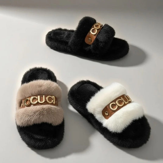 Women’s Furry Slide Slippers—Warm Airflow, Padded Strap