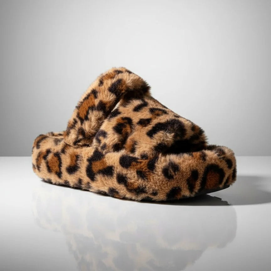 Women's Faux-Fur Open-Toe  Slippers (Leopard & Black)