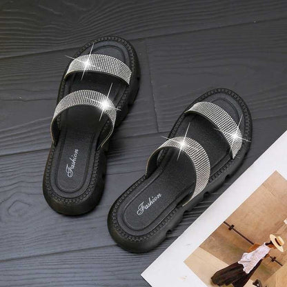 صندل ويدج كريستال للنساء صيف 2024 - نعل سميك مزين بالكريستال