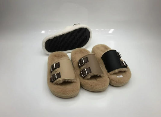 Women’s White Buckle Thick-Soled Fur Slippers – New Plush Cotton Warm Platform Slippers for Outdoor Wear