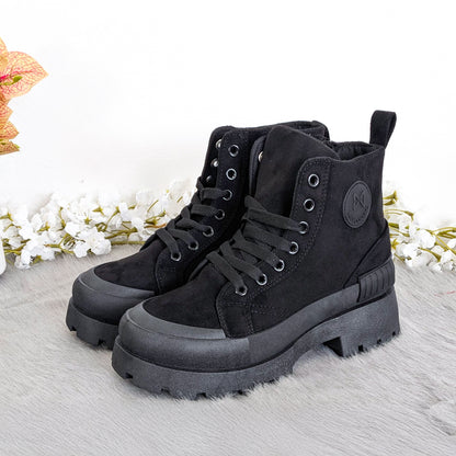 Women’s Chunky Lace-Up Ankle Boots – Platform Sole (Black & Beige)
